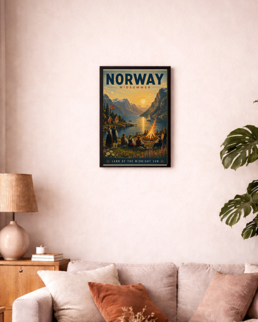 Norway Midsommer Retro Reiseposter