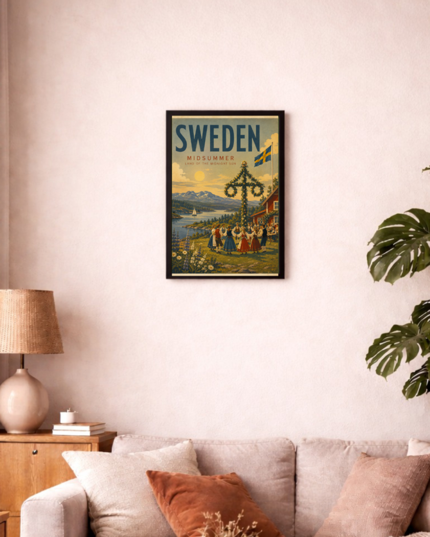 Sweden Midsummer Retro Reiseposter